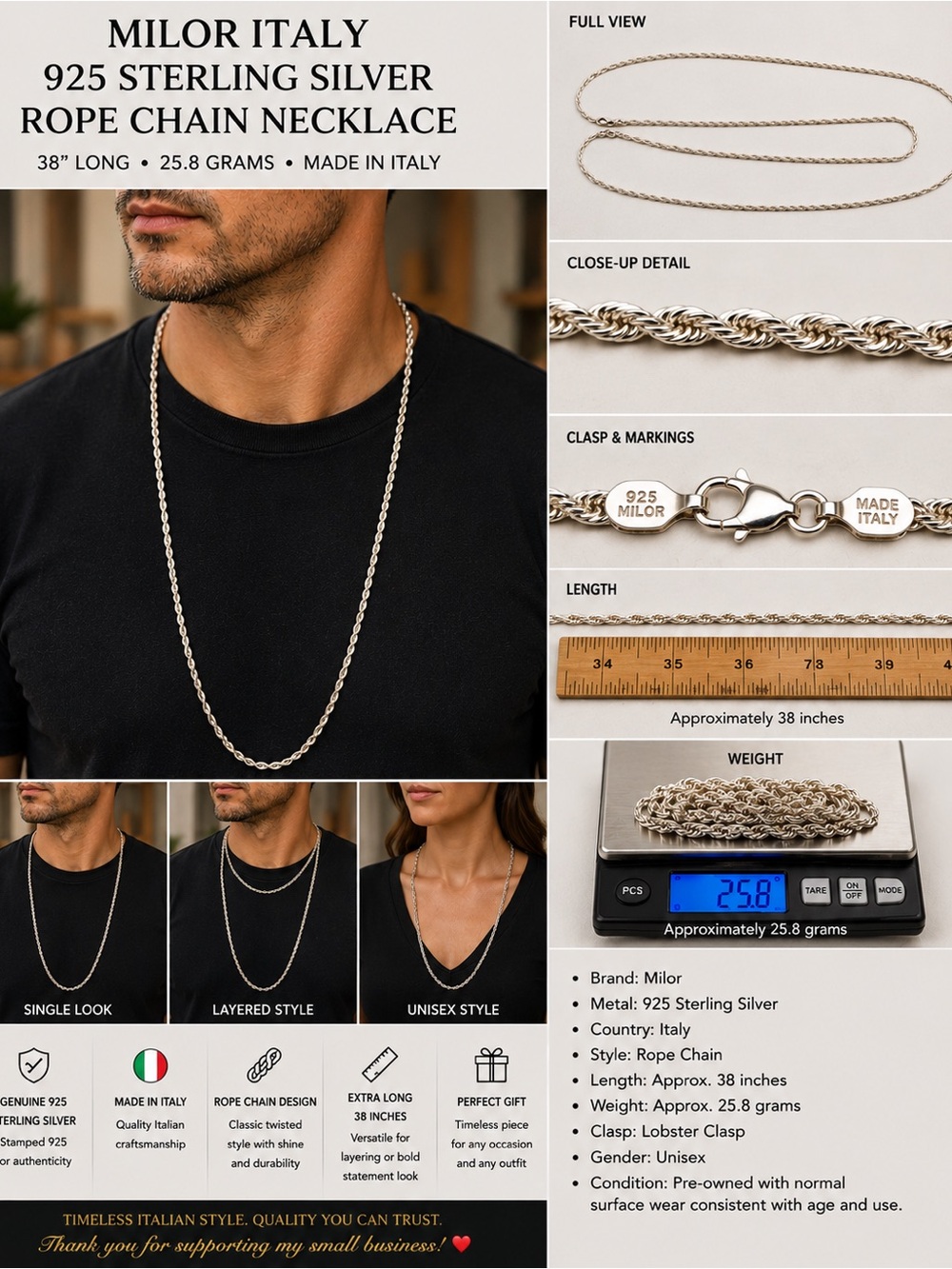 Milor Italy 925 Sterling Silver Rope Chain Necklace 38" Long 25.8g